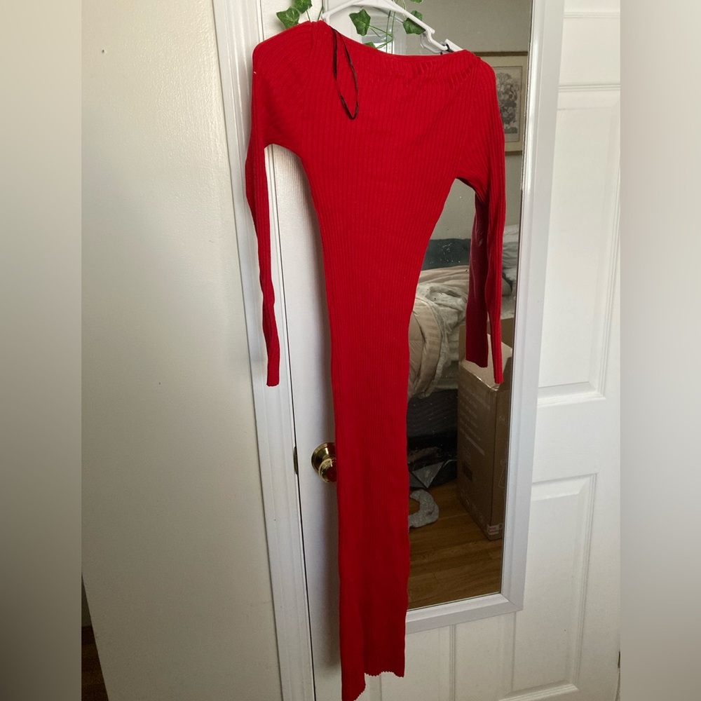 H&M Red Ribbed Long Sleeve Bodycon Midi Dress - Picture 4 of 10